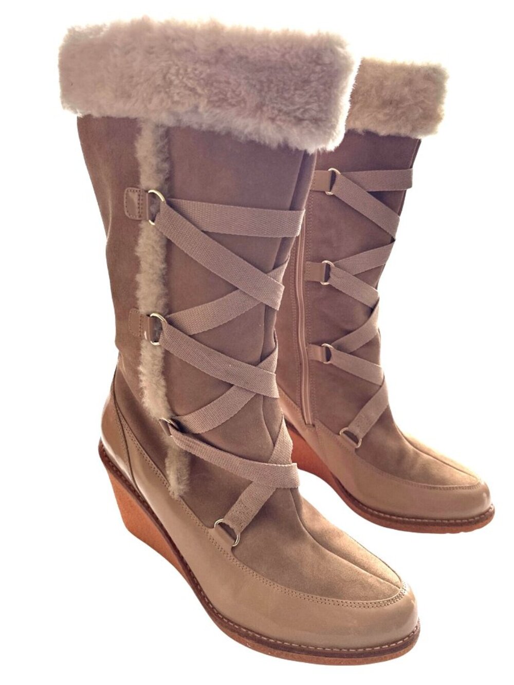 Cole Haan Suede Winter Boots xNike Air Beige Lined Side Zip Lace Front Size 9.5
